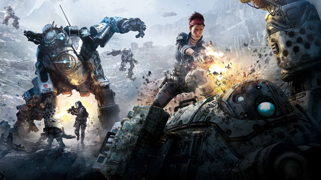 A dramatic action scene featuring futuristic soldiers and giant robots engaged in combat amidst a rocky landscape.